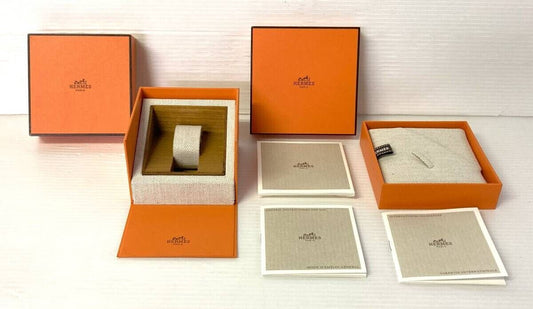 VINTAGE GENUINE HERMES watch case orange leather box booklet 2 set 240403007yA