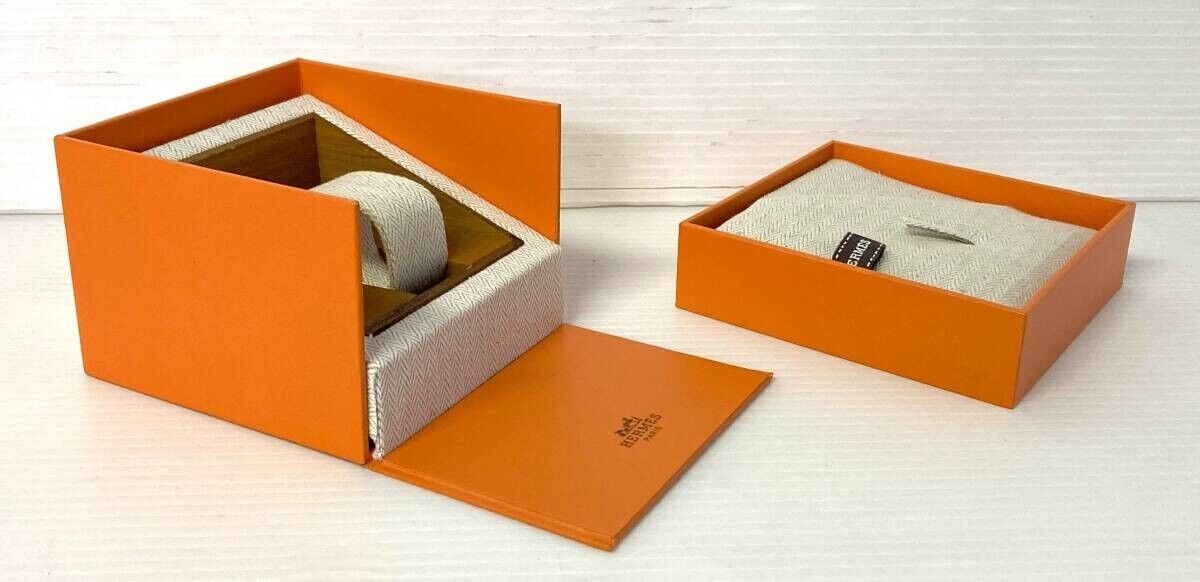 VINTAGE GENUINE HERMES watch case orange leather box booklet 2 set 240403007yA