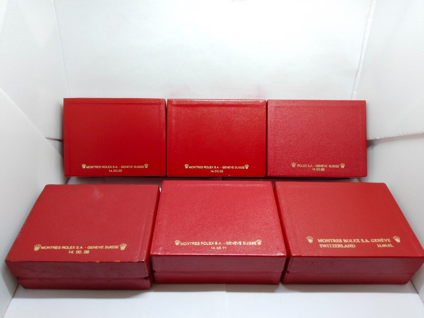 VINTAGE GENUINE ROLEX Red watch box case 6sets 14.00.08 wood leather 230617004yS