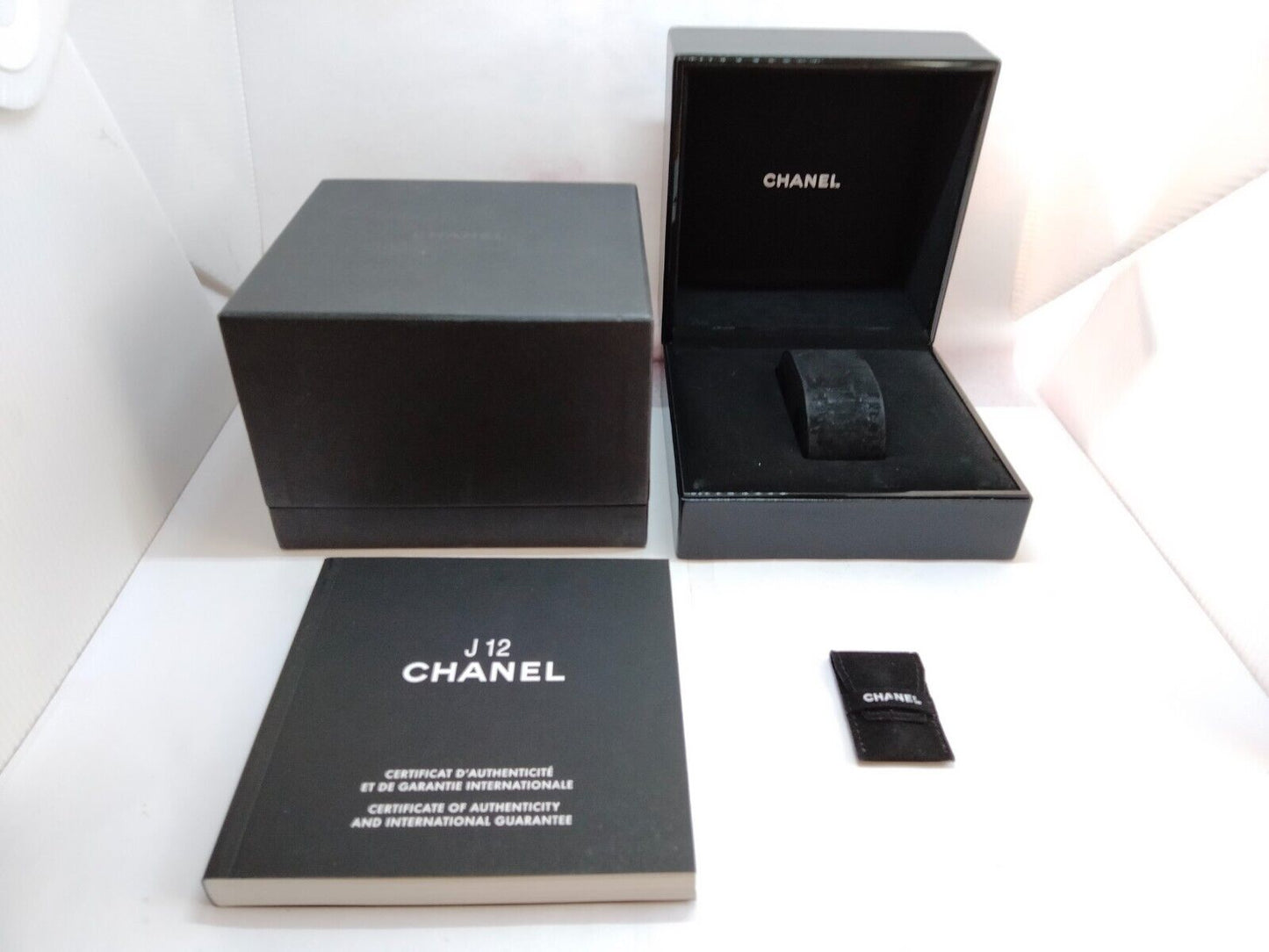 VINTAGE GENUINE CHANEL watch case box black wood leather 4 set 230802004yS