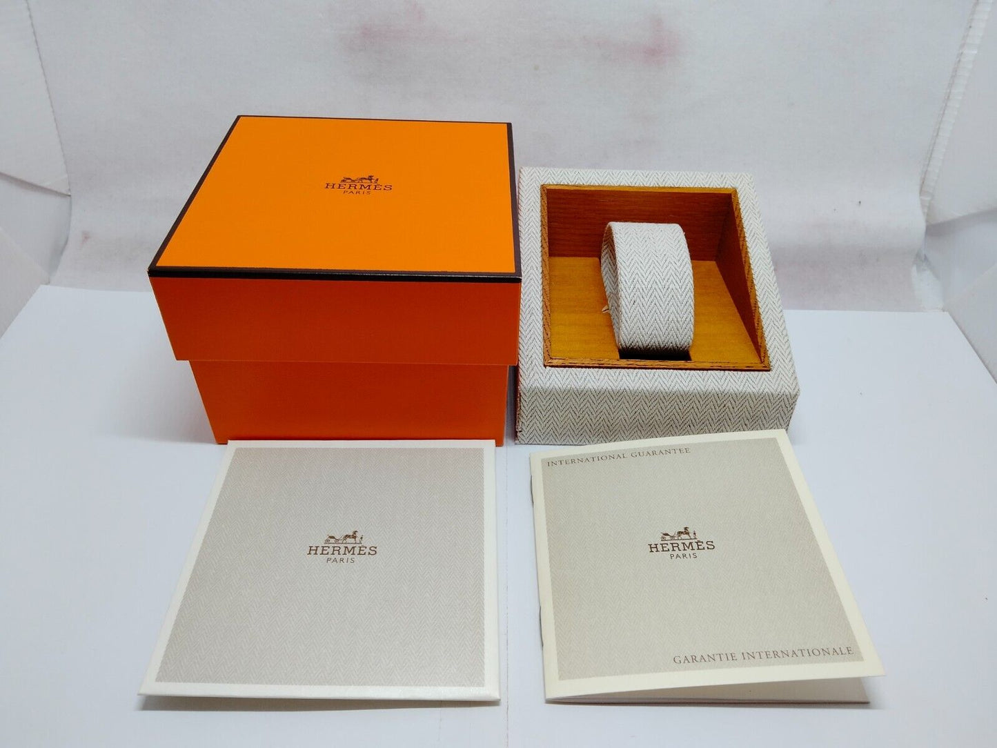 VINTAGE GENUINE HERMES watch case orange tag leather box wood 230623001yS