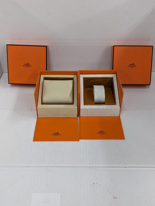 VINTAGE GENUINE HERMES Watch Box Case 2 set wood leather orange 230905010yS