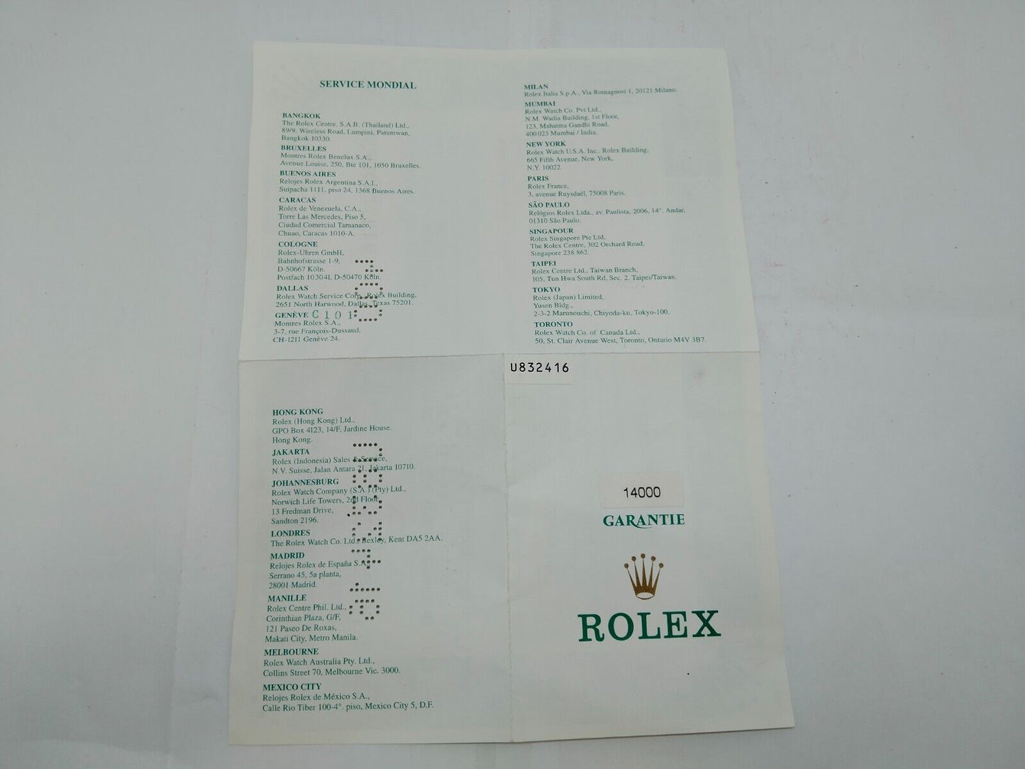 GENUINE ROLEX 14000 Air-King watch warranty guarantee paper 1999' 1010003y1S
