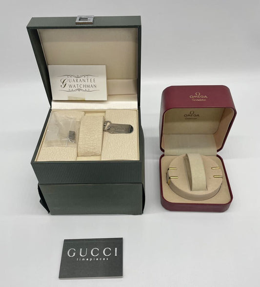 VINTAGE GENUINE GUCCI & OMEGA watch box case Green wood leather 231122001y1S