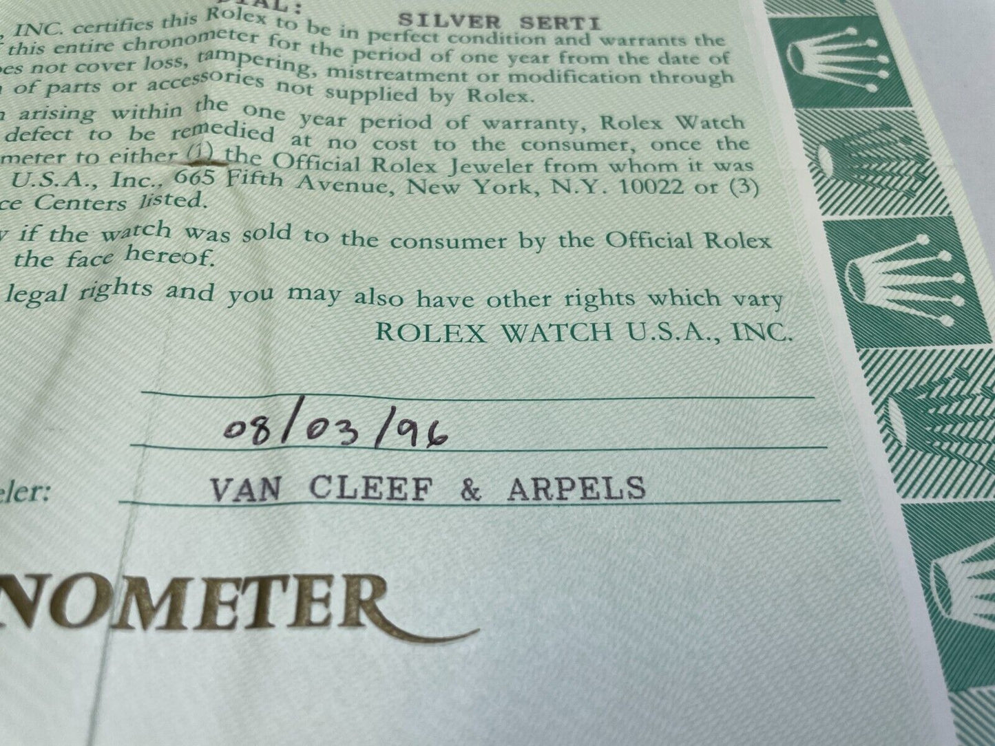 GENUINE ROLEX 67193 Oyster Perpetual watch warranty guarantee paper 1207001y5S