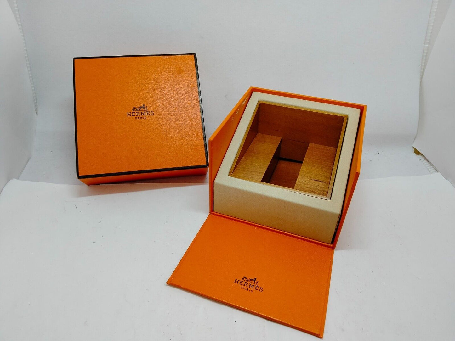 VINTAGE GENUINE HERMES watch box case 2set orange wood leather 0612005y4S