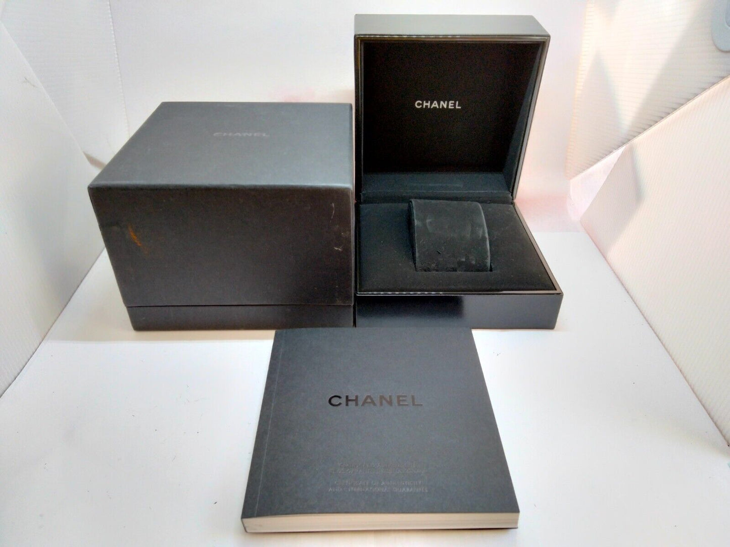 VINTAGE GENUINE CHANEL watch case box black wood leather 4 set 230802004yS