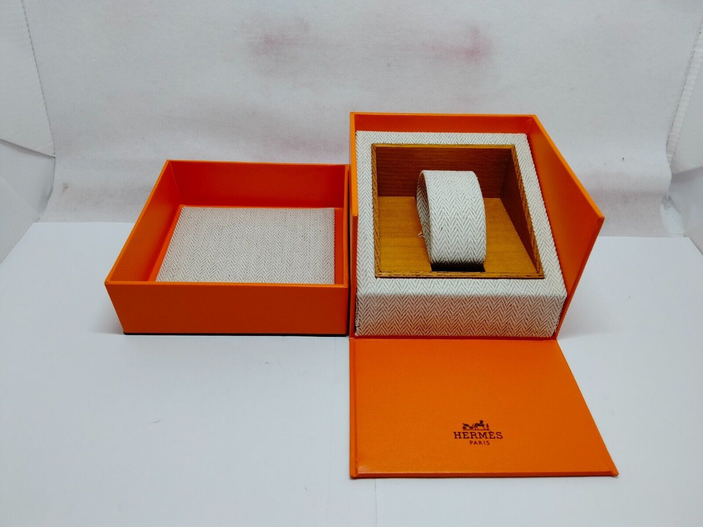 VINTAGE GENUINE HERMES watch case orange tag leather box wood 230623001yS