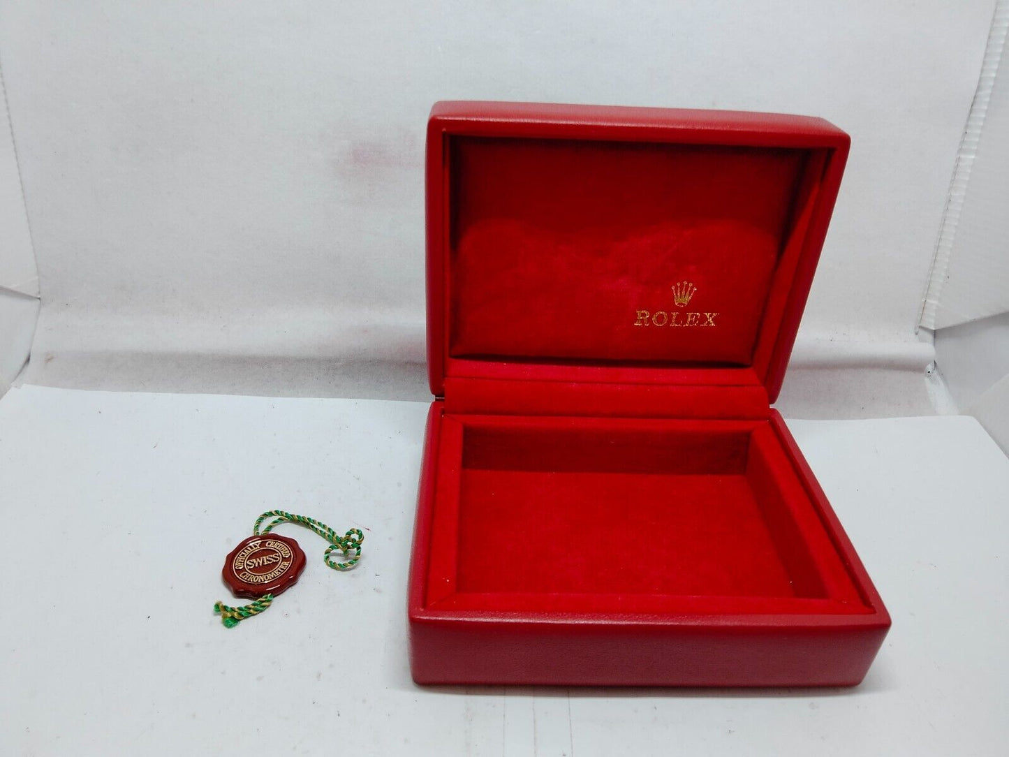 VINTAGE GENUINE ROLEX watch box case red 14.00.01 wood leather tag 230827013y3S