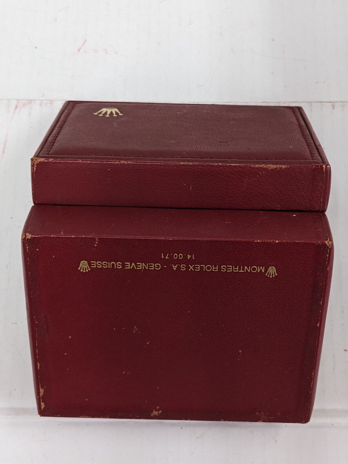 VINTAGE GENUINE ROLEX Red watch box case 14.00.71 wood leather 230913002yS