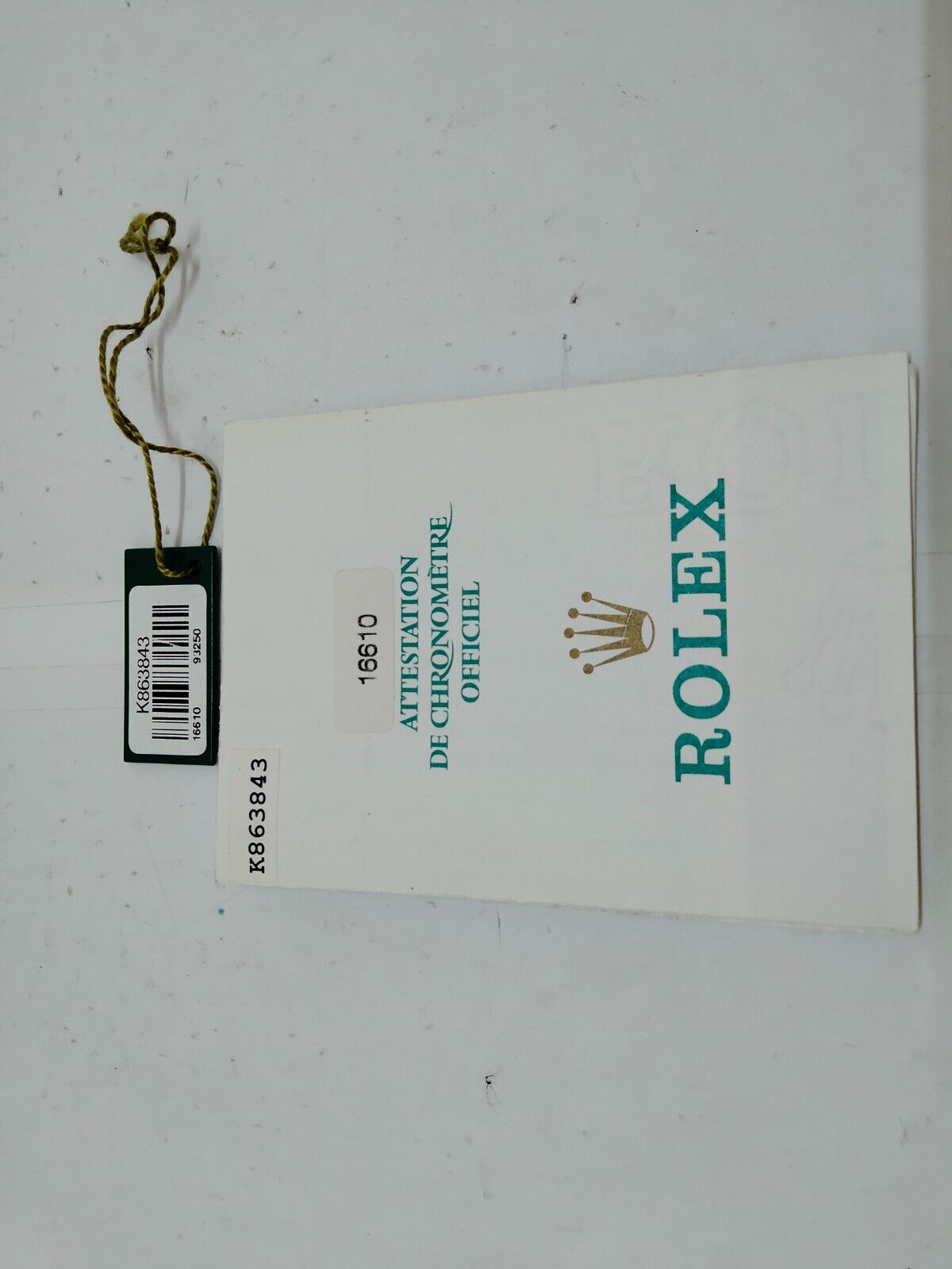 VINTAGE GENUINE ROLEX  SUBMARINER 16610 Watch Warranty guarantee Tag 0201003eS